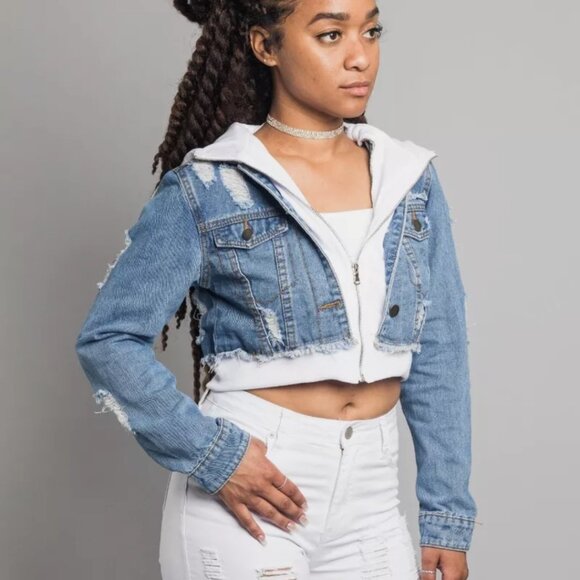 American Bazi cropped Jean Jacket with Sweatshirt trim and Hoodie - M - Picture 7 of 7